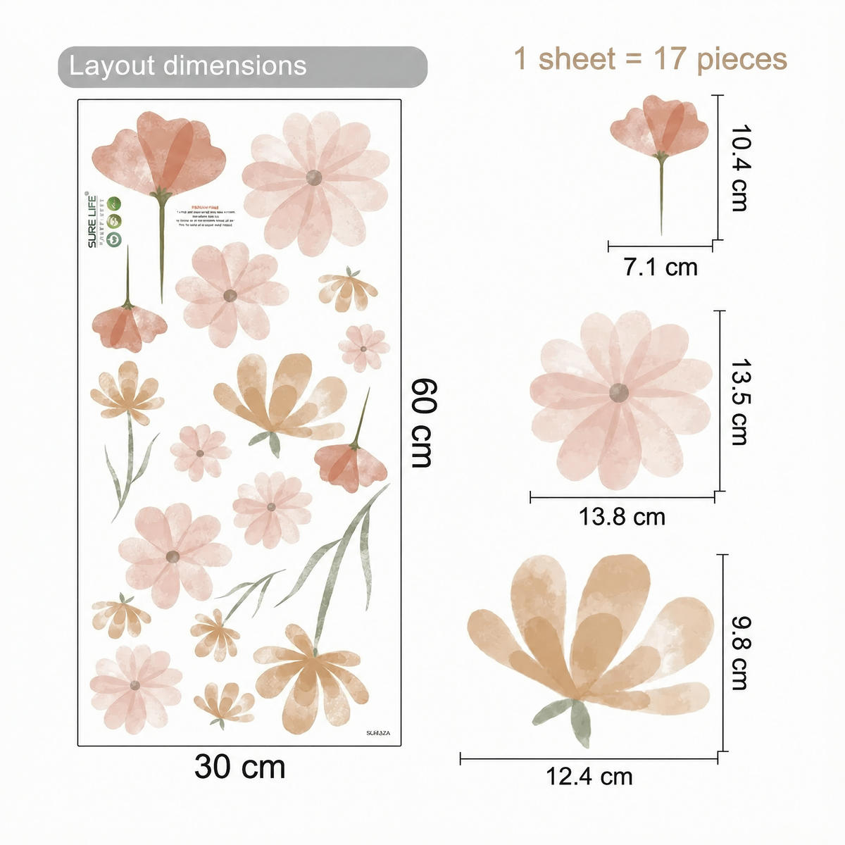 Boho Flowers Wall Stickers - dimensions