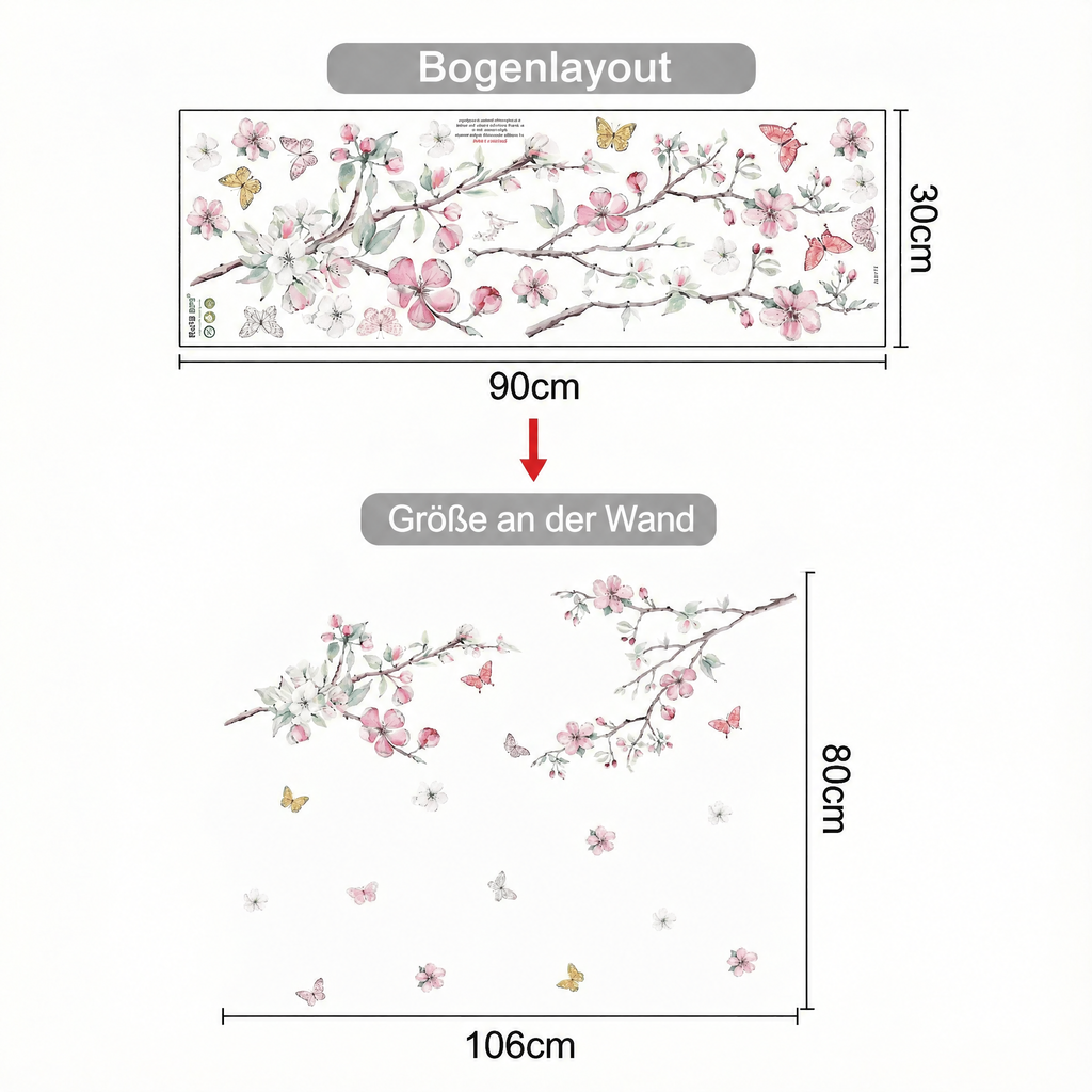 Wandtattoo Kirschblüten und Schmetterlinge - Maße