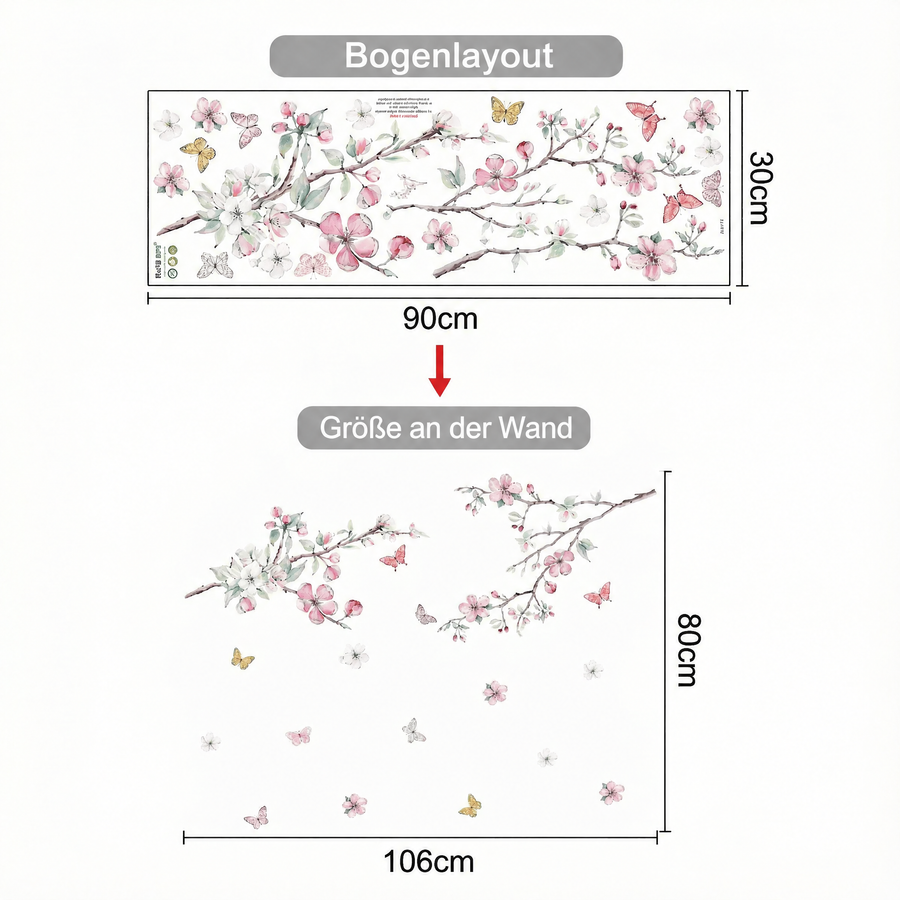 Der gelieferte Bogen im Vergleich zum Motiv an der Wand: Wandtattoo Kirschblüten und Schmetterlinge