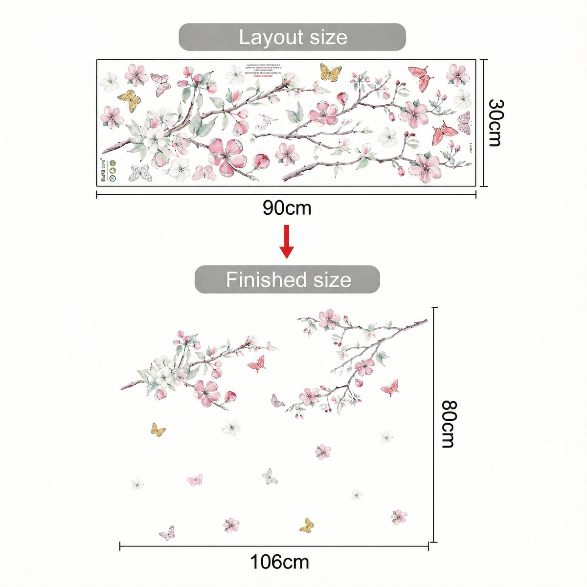 Cherry Blossom and Butterflies Wall Stickers - dimensions