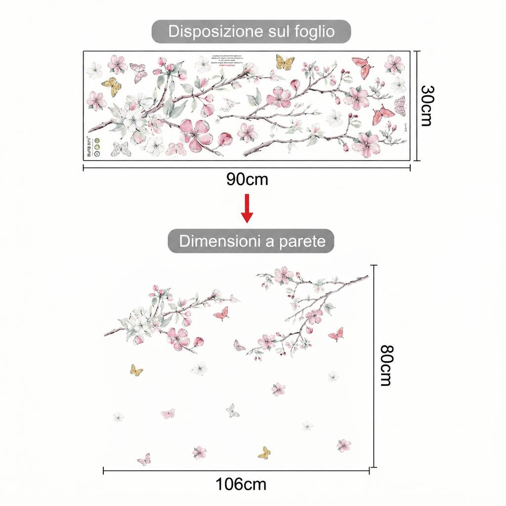 Adesivi murali fiori di ciliegio e farfalle - Dimensioni