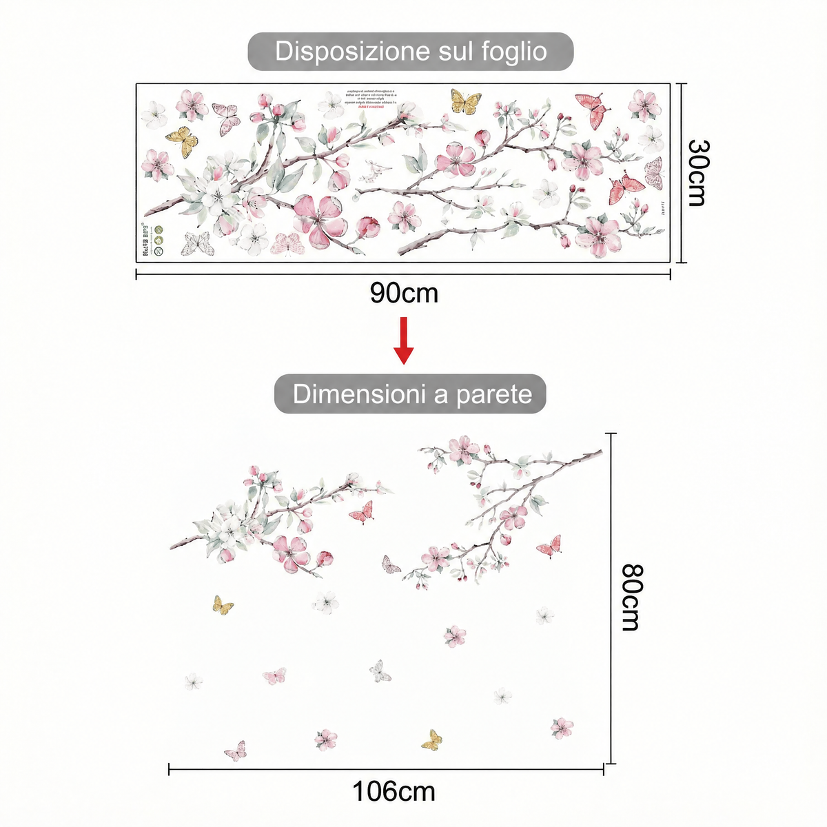 Adesivi murali fiori di ciliegio e farfalle - Dimensioni