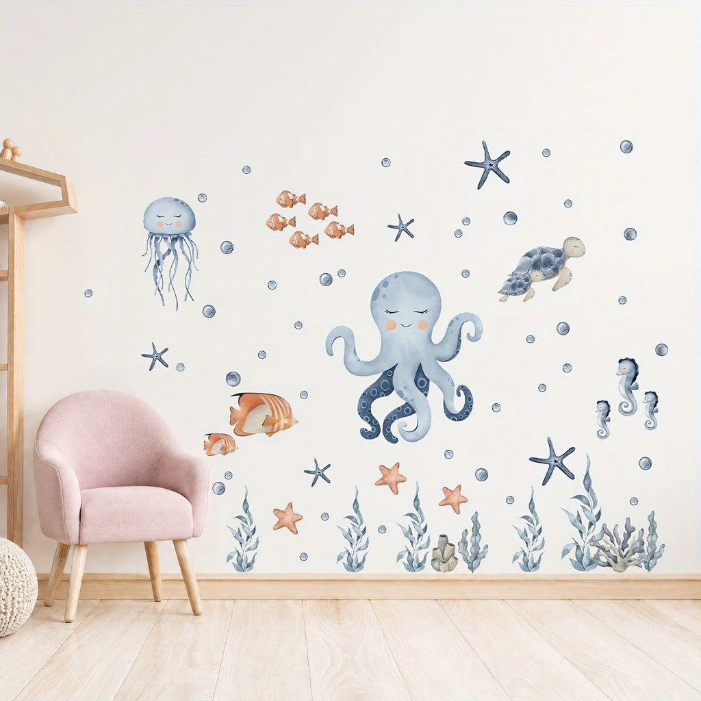 Stickers muraux fond marin dans une chambre d'enfant, près d'un fauteuil rose poudré