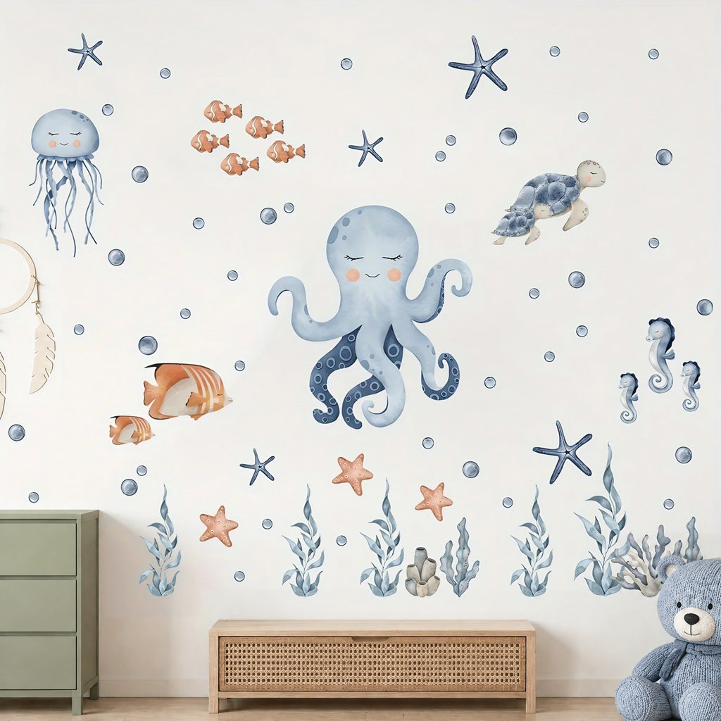 Stickers muraux poulpe et méduse aquarelle au-dessus d'un banc en bois et cannage et d'un ours en peluche