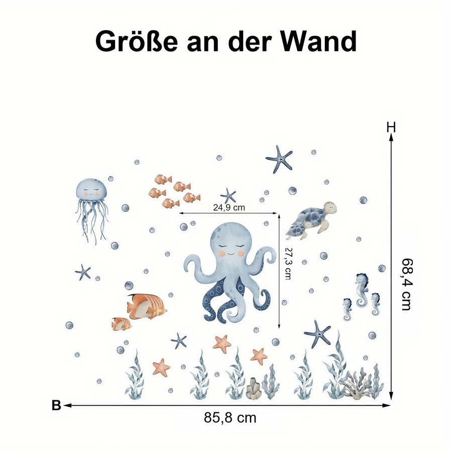Der gelieferte Bogen im Vergleich zum Motiv an der Wand: Wandtattoo Unterwasserwelt Oktopus und Meeresschildkröte Kinderzimmer