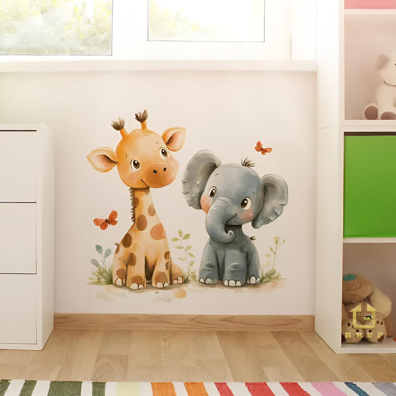 Stickers Muraux Girafe et Éléphant Aquarelle Chambre Bébé