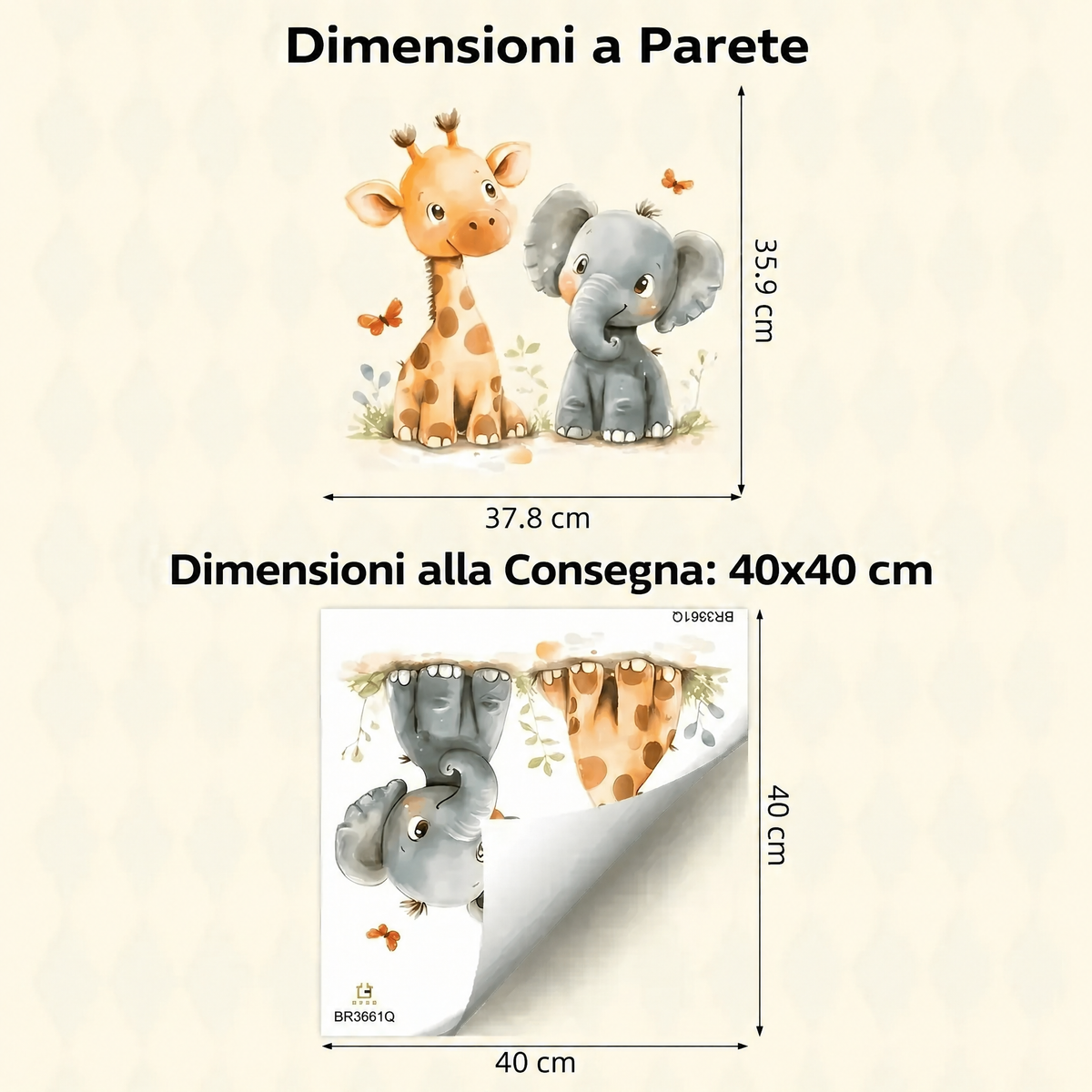 Adesivi murali giraffa ed elefante ad acquerello per cameretta neonato - Dimensioni