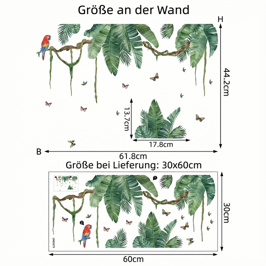Der gelieferte Bogen im Vergleich zum Motiv an der Wand: Wandtattoo Exotischer Dschungel