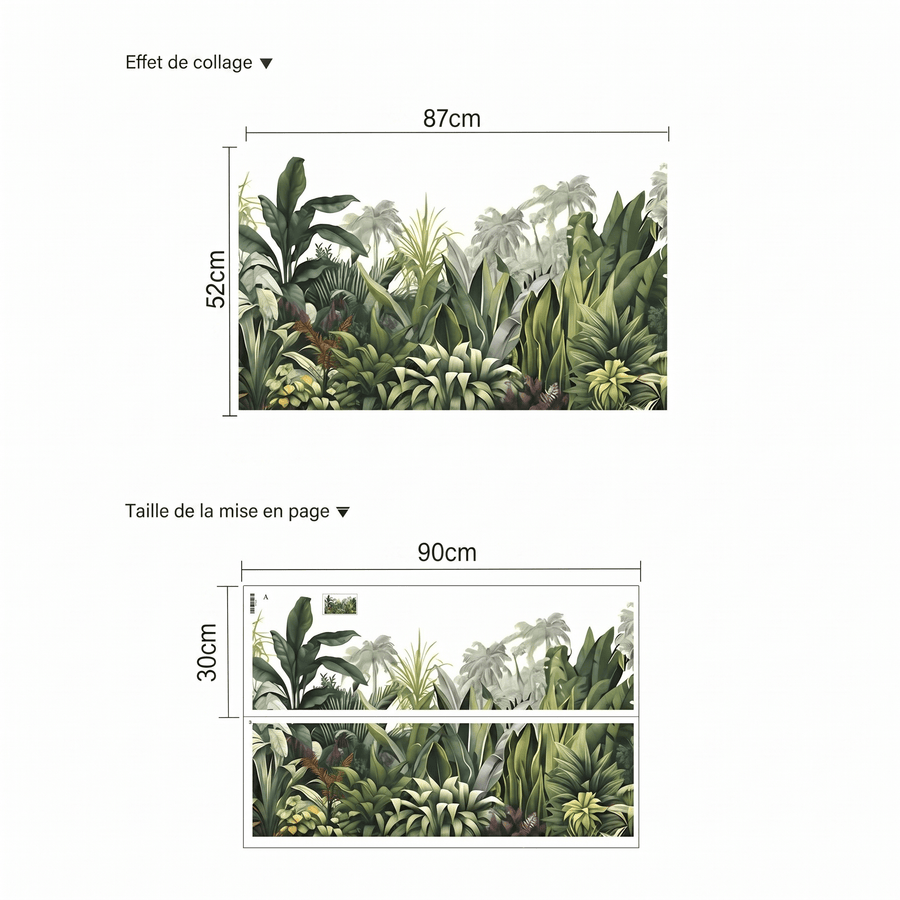 Comparaison entre la planche reçue et le motif posé : Stickers Muraux Jungle Tropicale Panoramique Fresque