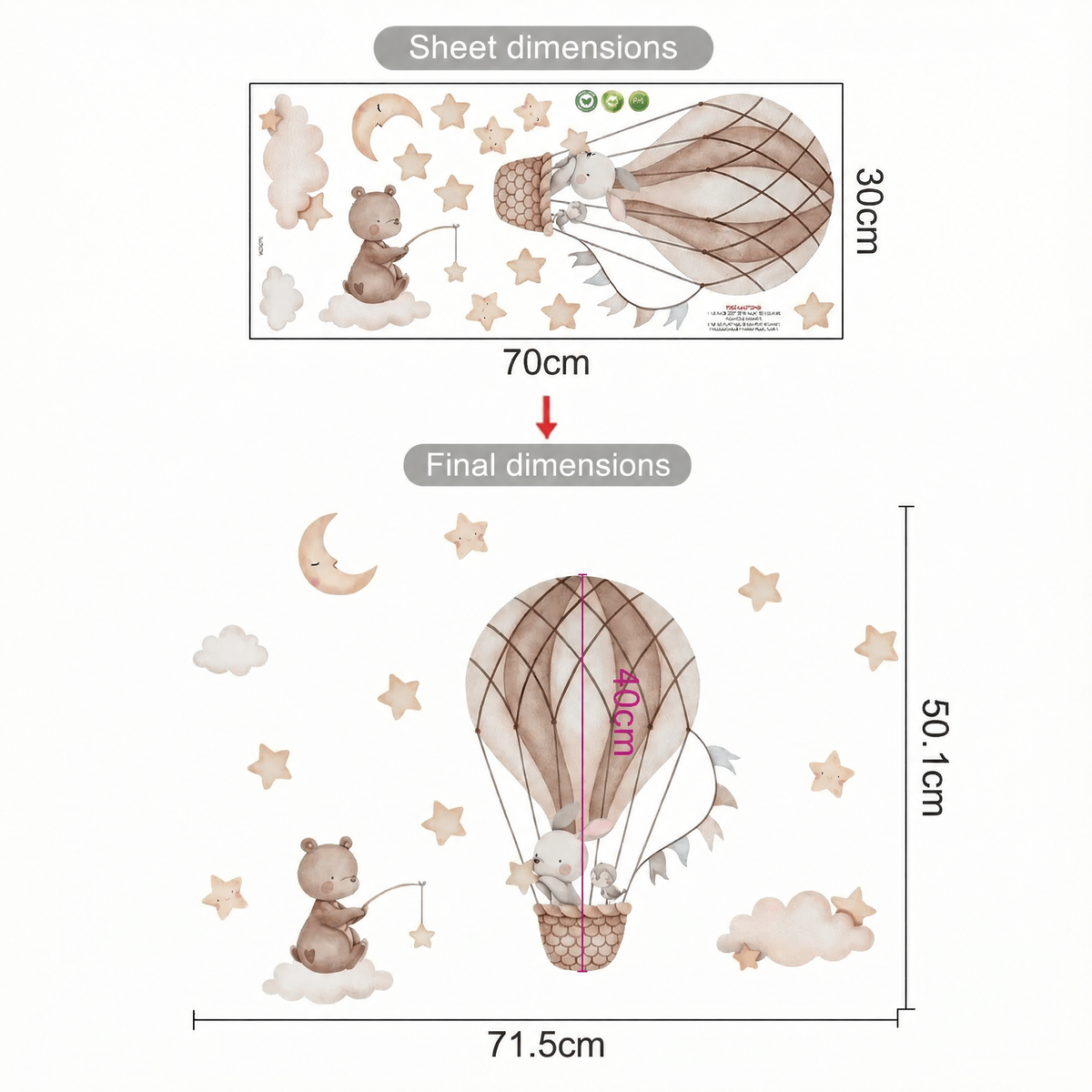 Bunny Hot Air Balloon Wall Stickers - dimensions