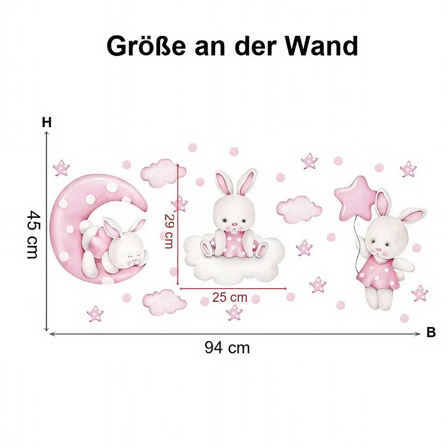 Der gelieferte Bogen im Vergleich zum Motiv an der Wand: Wandtattoo Hasen mit Mond und Sternen in Rosa, Babyzimmer Mädchen