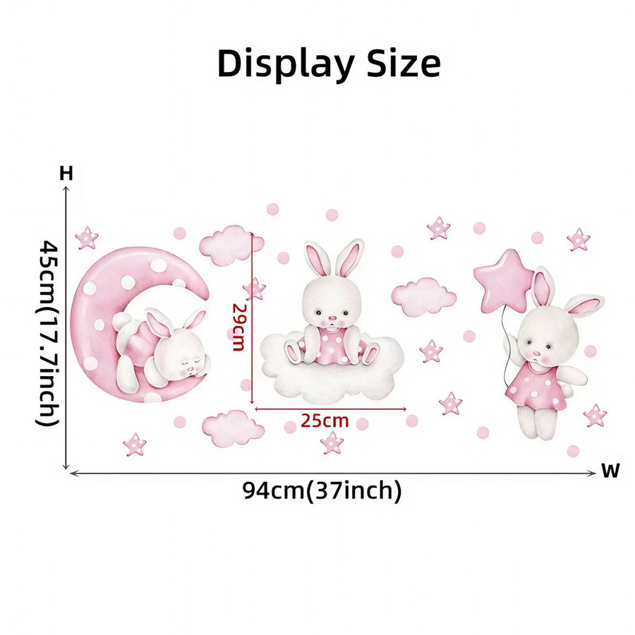 The sheet you receive compared with the design on the wall: Pink Bunnies, Moon and Stars Wall Stickers for Baby Girl Nursery