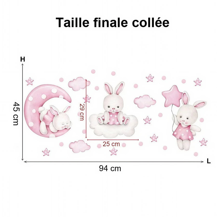 Comparaison entre la planche reçue et le motif posé : Stickers Muraux Lapins Lune et Étoiles Rose Chambre Bébé Fille