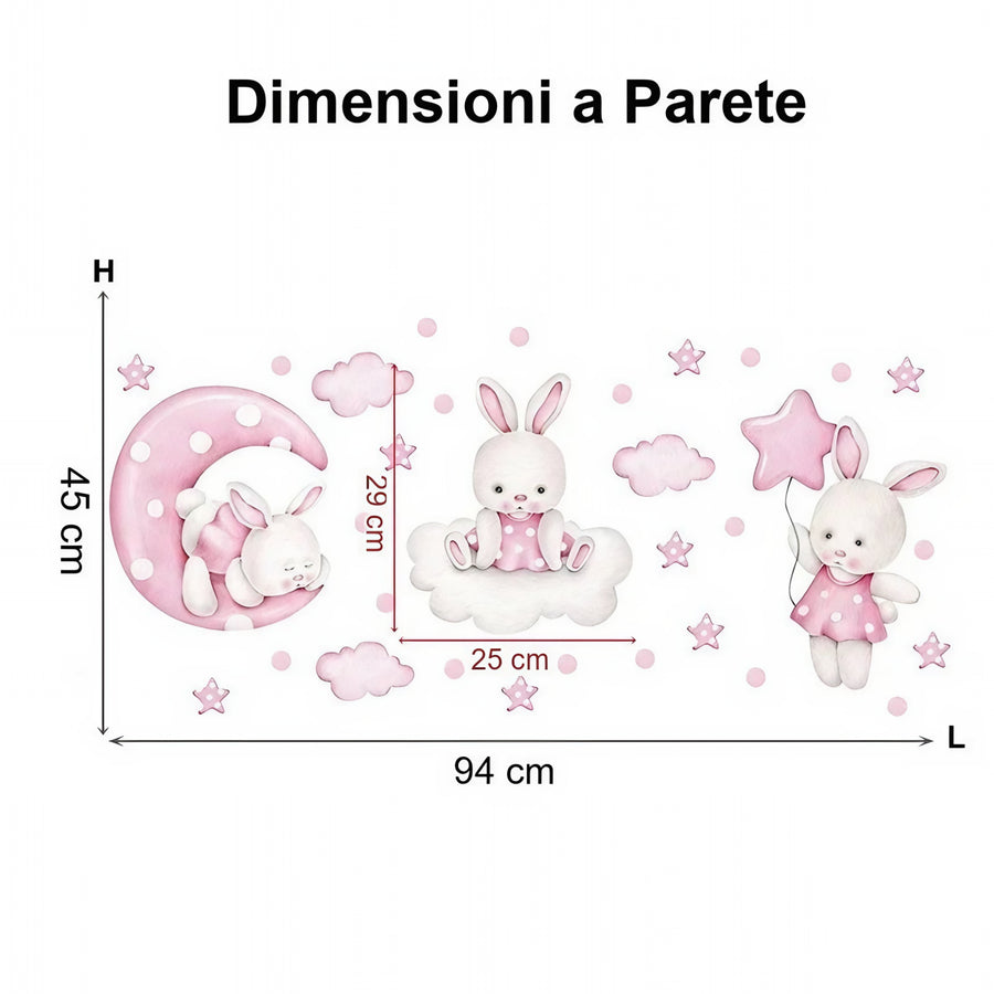 Il foglio che ricevi a confronto con il motivo applicato: Adesivi murali coniglietti, luna e stelle rosa per cameretta neonata