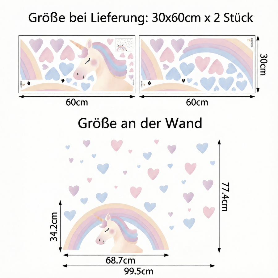 Der gelieferte Bogen im Vergleich zum Motiv an der Wand: Wandtattoo Regenbogen-Einhorn in Aquarell