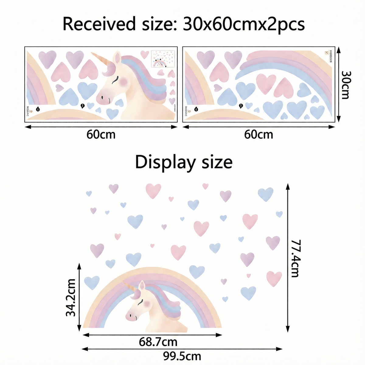 Watercolour Rainbow Unicorn Wall Stickers - dimensions