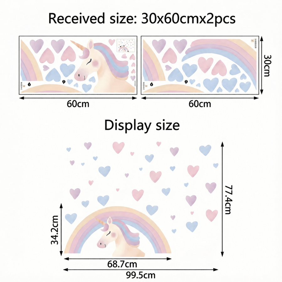The sheet you receive compared with the design on the wall: Watercolour Rainbow Unicorn Wall Stickers