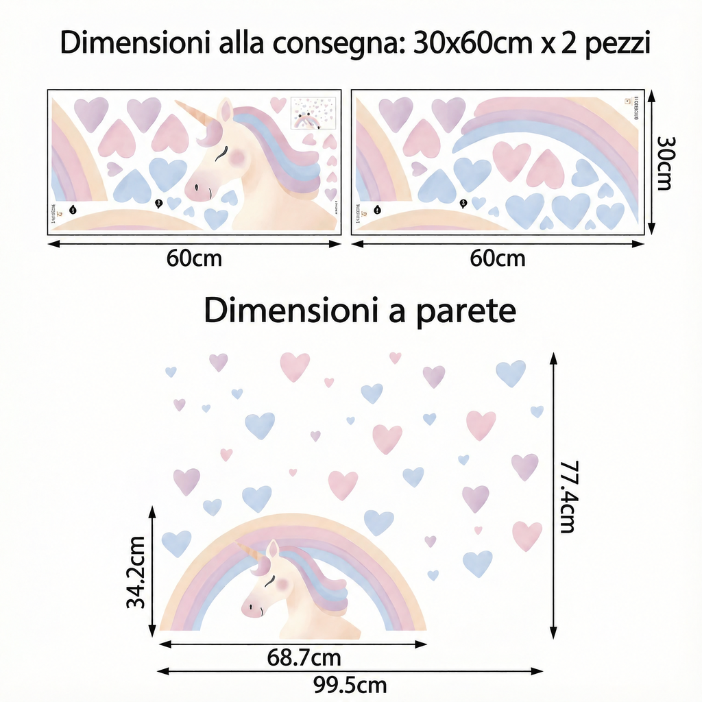 Adesivi murali unicorno arcobaleno ad acquerello - Dimensioni