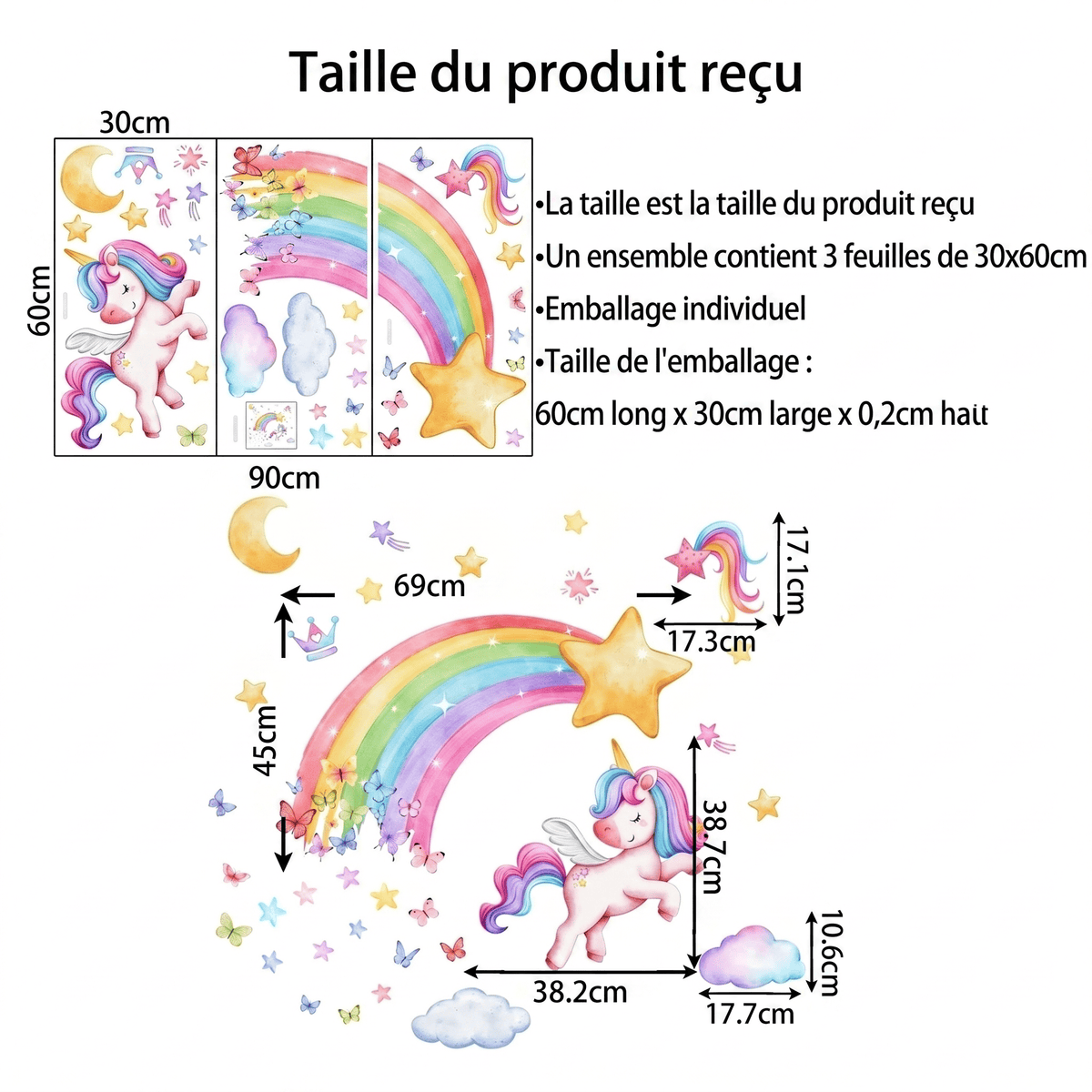 Stickers Muraux Licorne Arc-en-Ciel avec Papillons Chambre Bébé