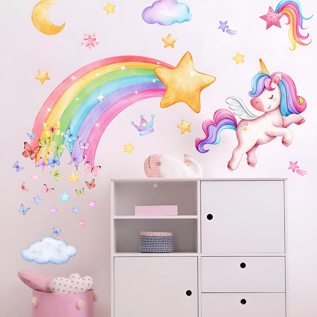 Stickers Muraux Licorne Arc-en-Ciel avec Papillons Chambre Bébé