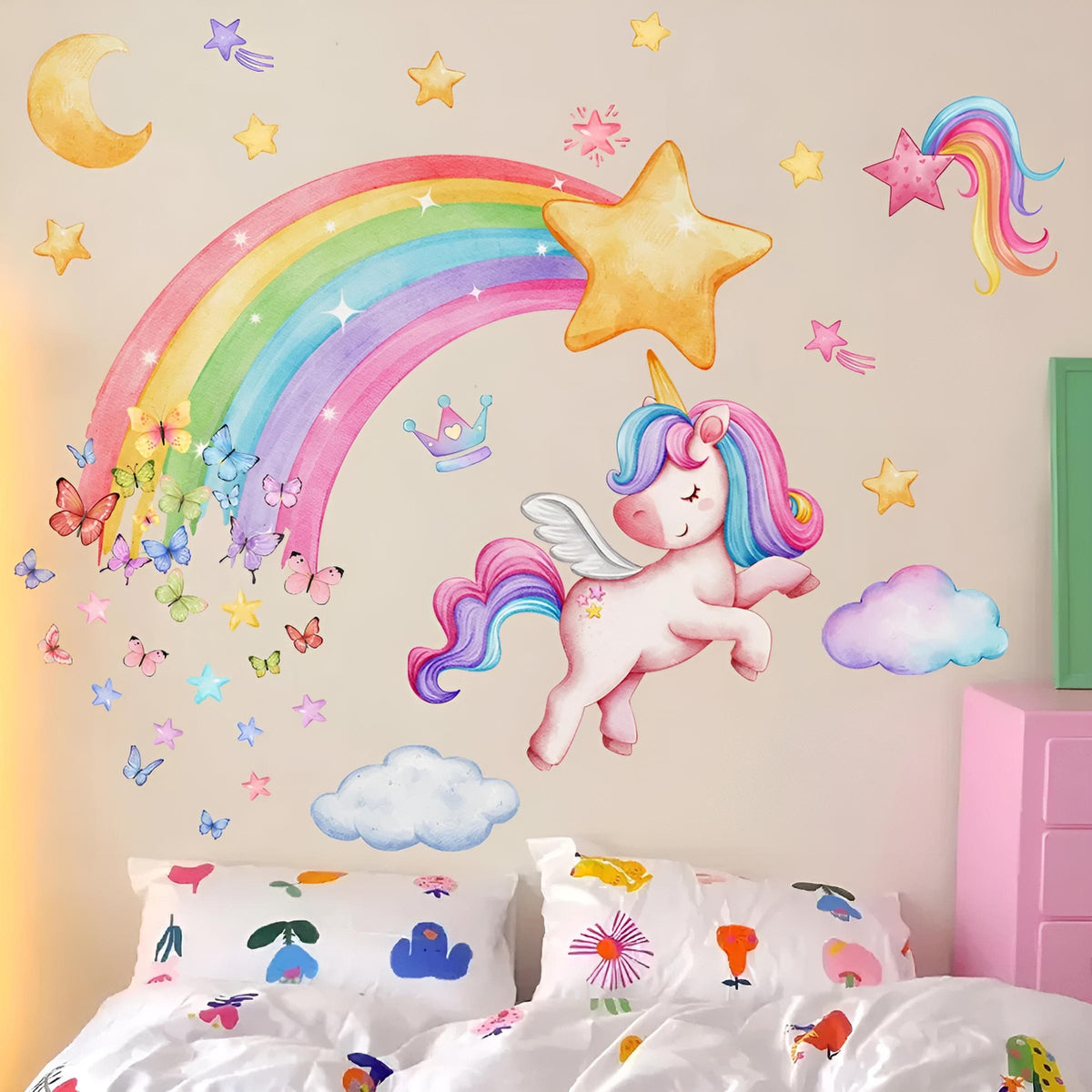 Stickers Muraux Licorne Arc-en-Ciel avec Papillons Chambre Bébé