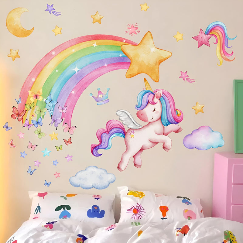 Stickers Muraux Licorne Arc-en-Ciel avec Papillons Chambre Bébé