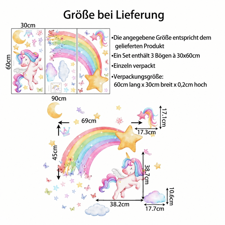 Der gelieferte Bogen im Vergleich zum Motiv an der Wand: Wandtattoo Regenbogen-Einhorn mit Schmetterlingen fürs Babyzimmer