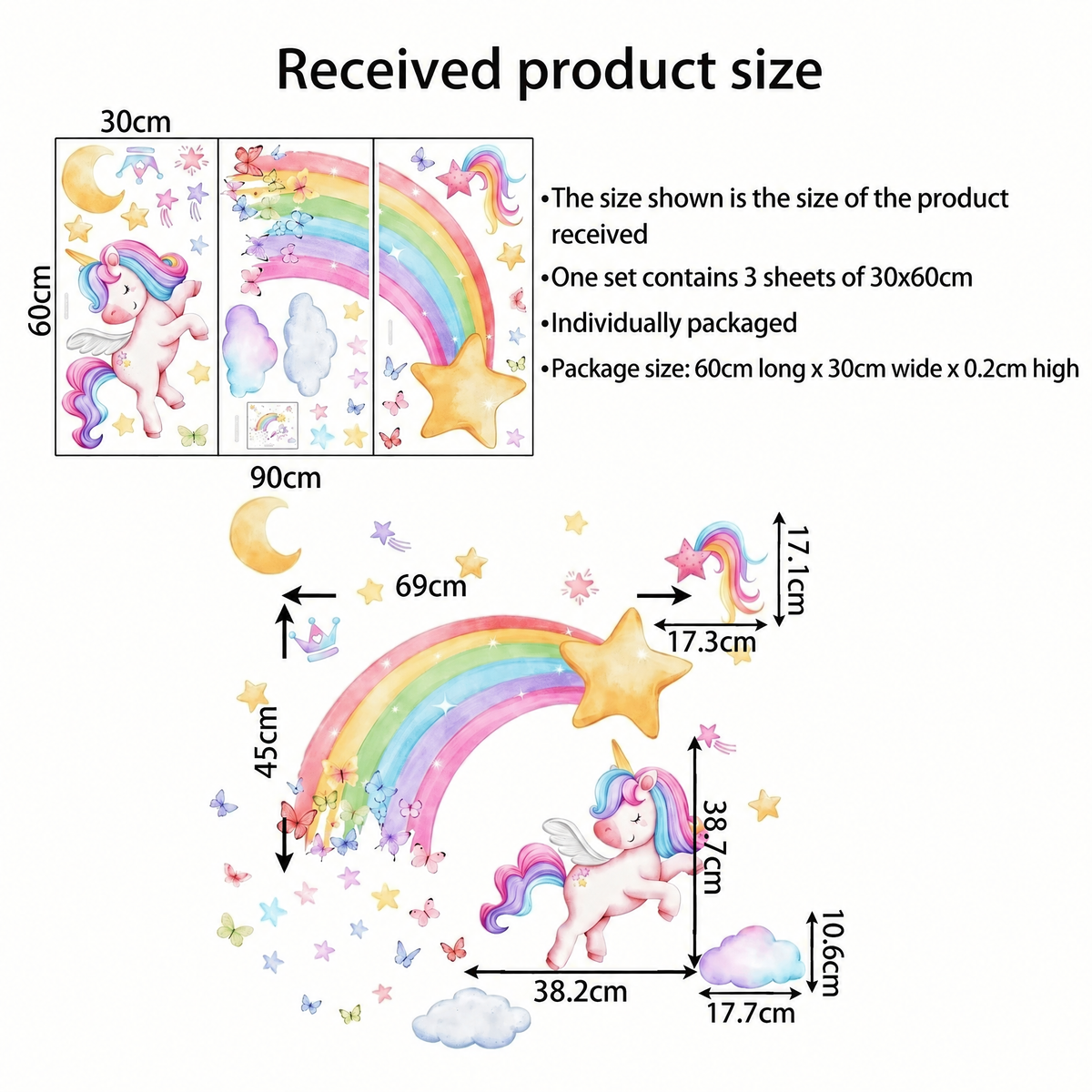 Rainbow Unicorn with Butterflies Nursery Wall Stickers - dimensions