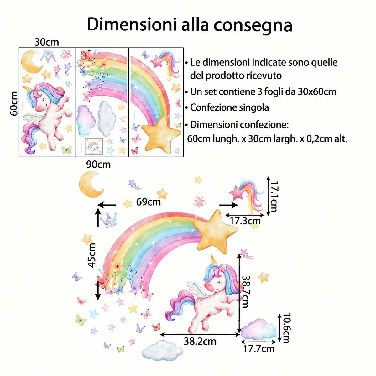 Adesivi murali unicorno arcobaleno con farfalle per cameretta neonato - Dimensioni