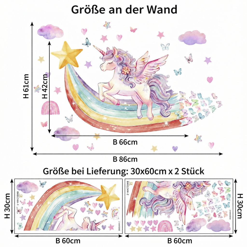 Wandtattoo Regenbogen-Einhorn fürs Kinderzimmer - Maße