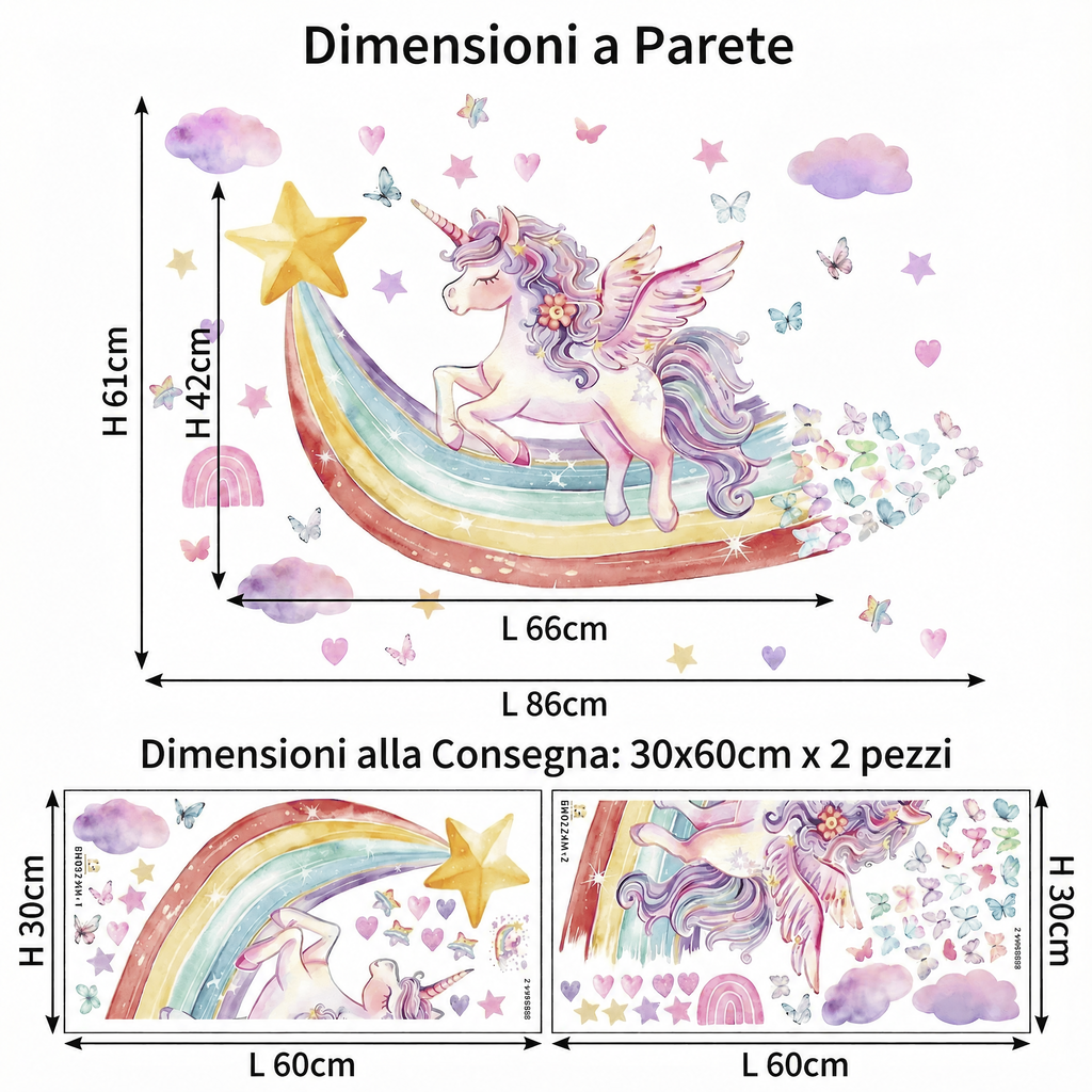 Adesivi murali unicorno arcobaleno per cameretta - Dimensioni