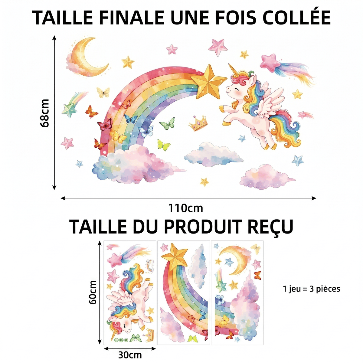 Stickers Muraux Licorne avec Arc-en-Ciel Chambre Fille
