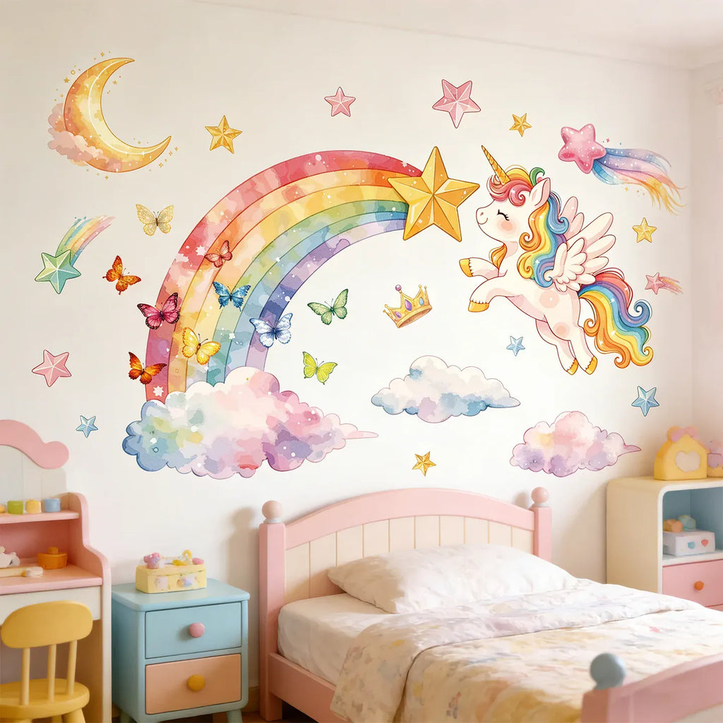Stickers Muraux Licorne avec Arc-en-Ciel Chambre Fille