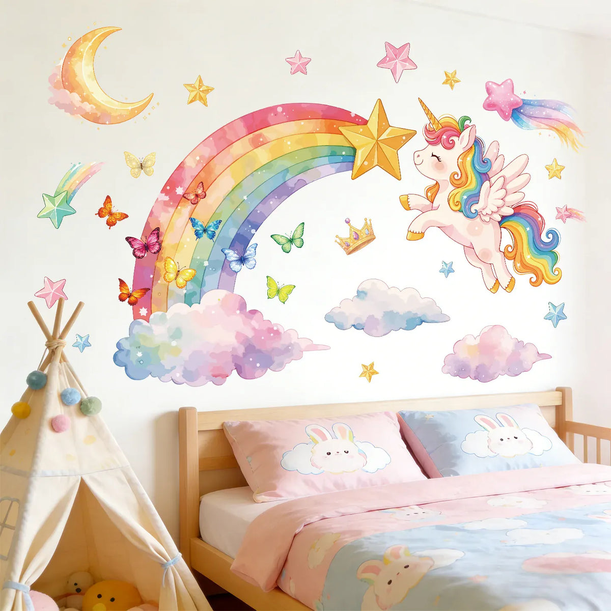 Stickers Muraux Licorne avec Arc-en-Ciel Chambre Fille