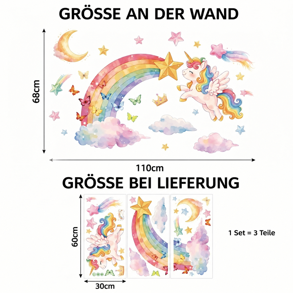 Wandtattoo Einhorn mit Regenbogen fürs Mädchenzimmer - Maße