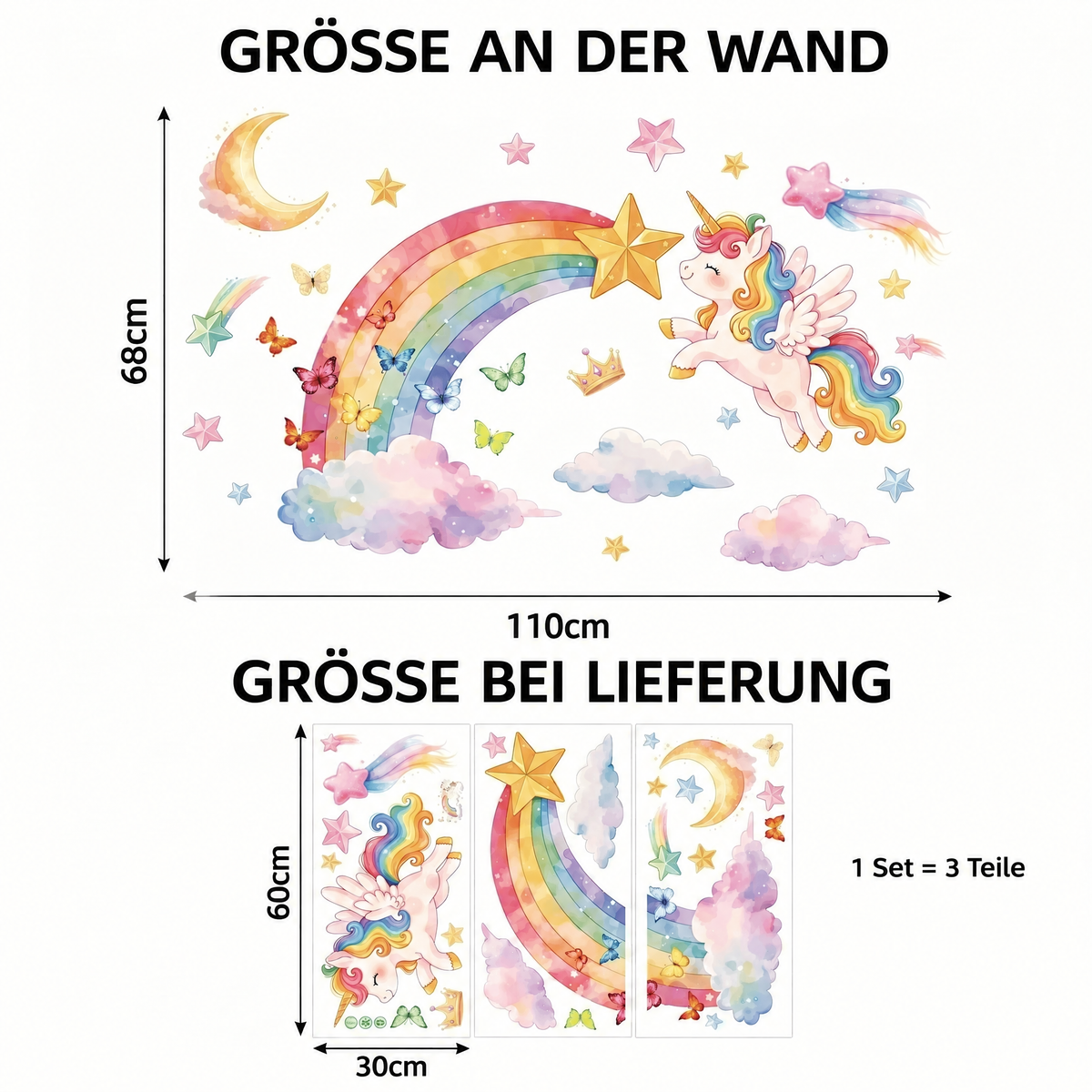 Wandtattoo Einhorn mit Regenbogen fürs Mädchenzimmer - Maße
