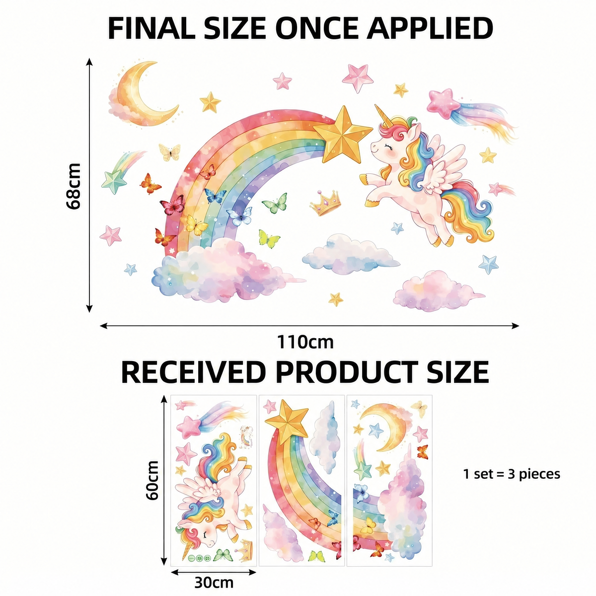 Unicorn with Rainbow Girls' Room Wall Stickers - dimensions