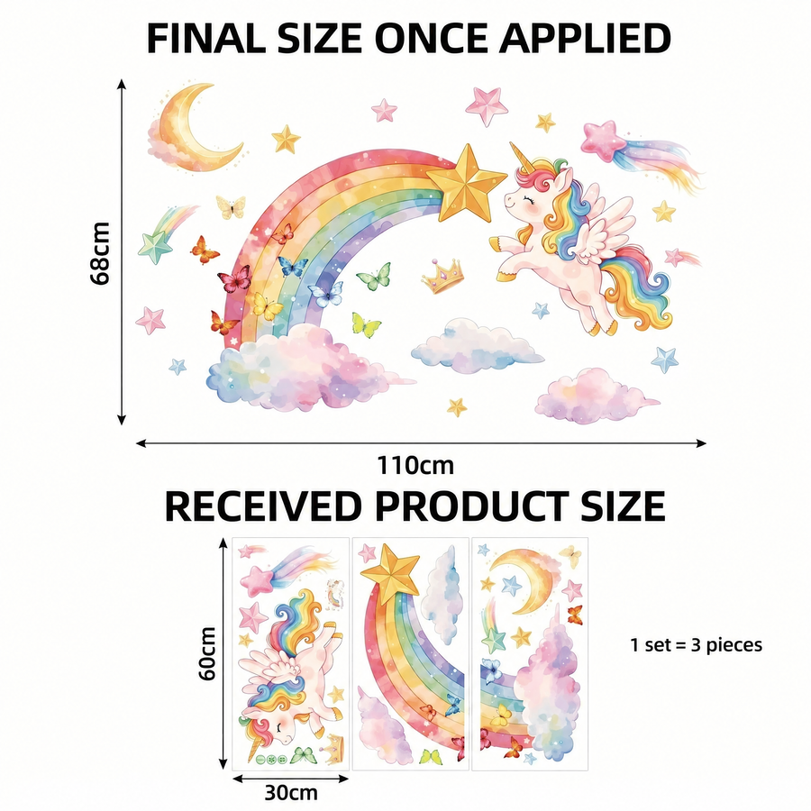 The sheet you receive compared with the design on the wall: Unicorn with Rainbow Girls' Room Wall Stickers