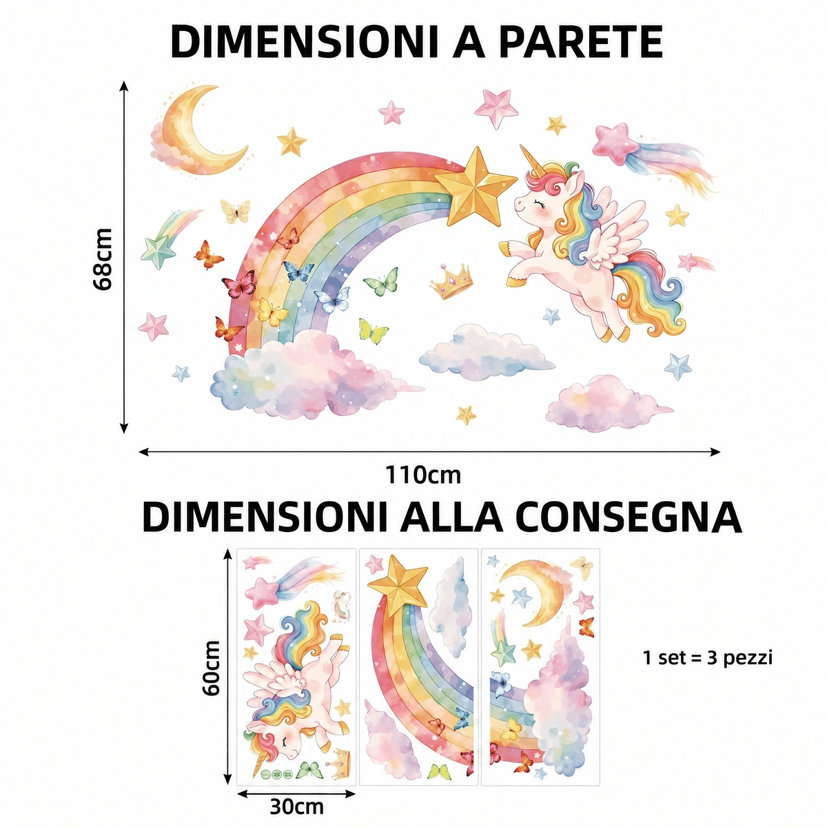 Adesivi murali unicorno con arcobaleno per cameretta bambina - Dimensioni