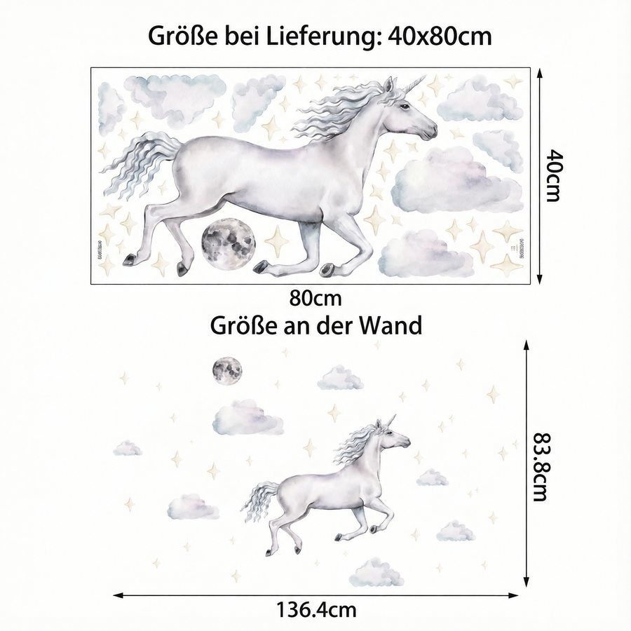 Der gelieferte Bogen im Vergleich zum Motiv an der Wand: Wandtattoo Einhorn in den Wolken