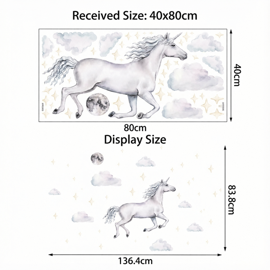 The sheet you receive compared with the design on the wall: Unicorn in the Clouds Wall Stickers