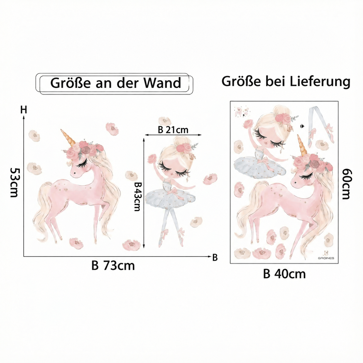 Wandtattoo Einhorn und Ballerina - Maße