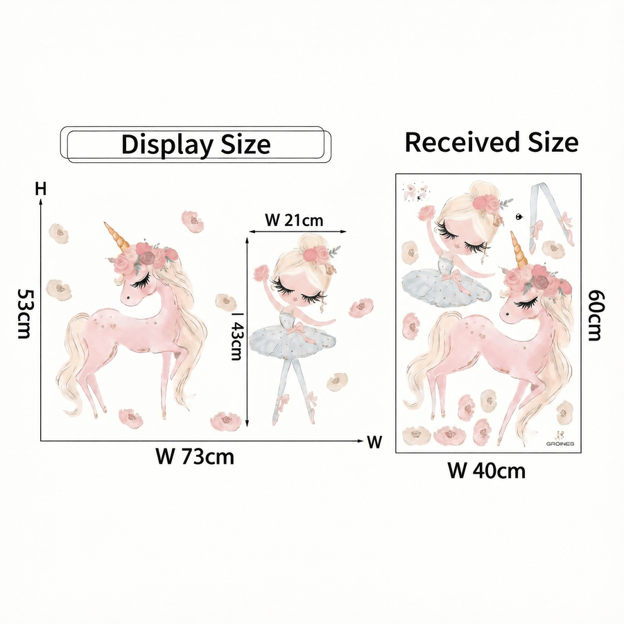 The sheet you receive compared with the design on the wall: Unicorn and Ballerina Wall Stickers