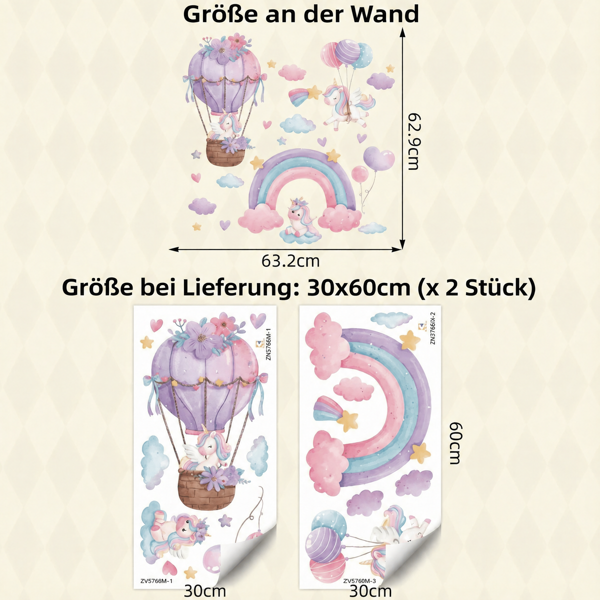Wandtattoo Einhorn in Regenbogenfarben - Maße
