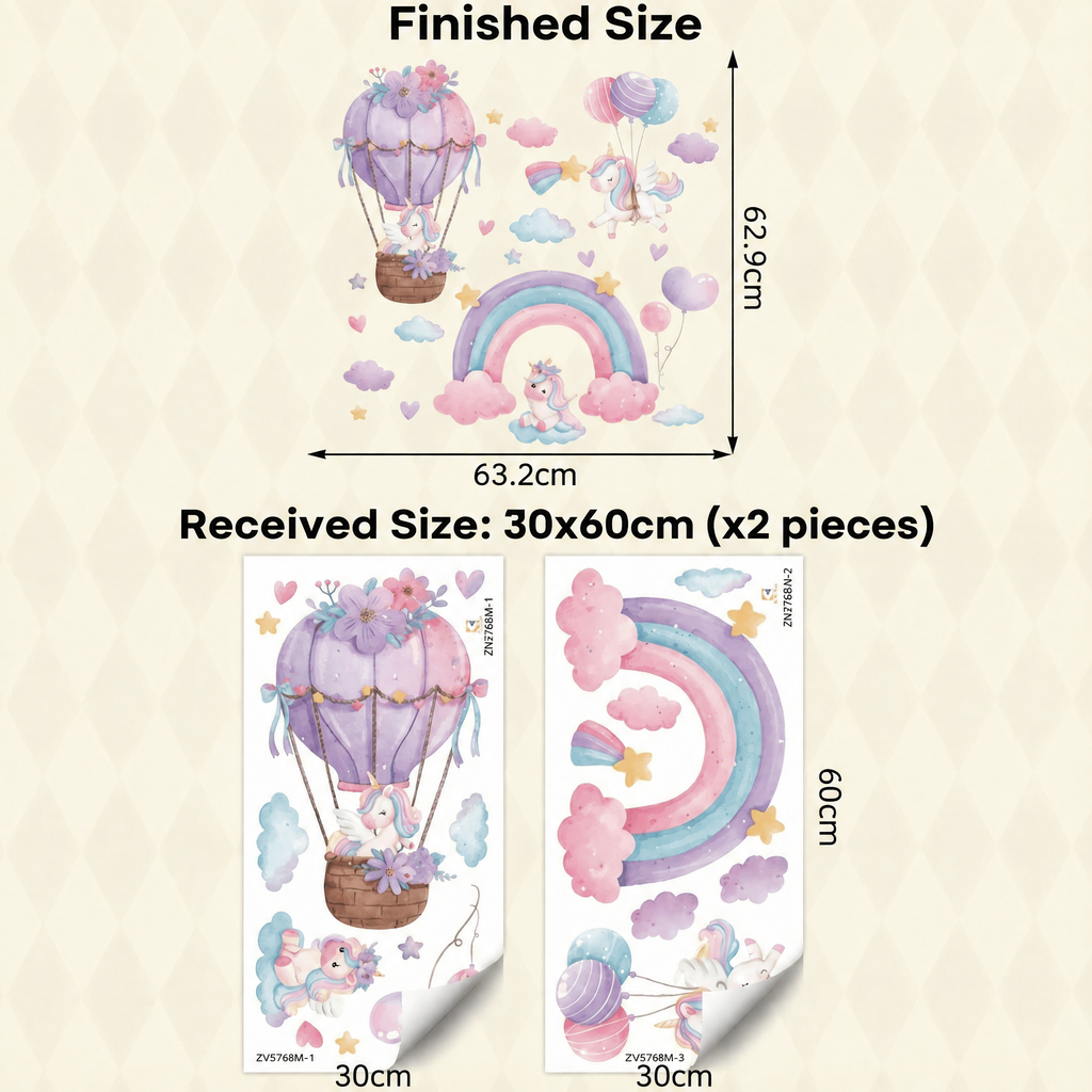 Rainbow-Style Unicorn Wall Stickers - dimensions