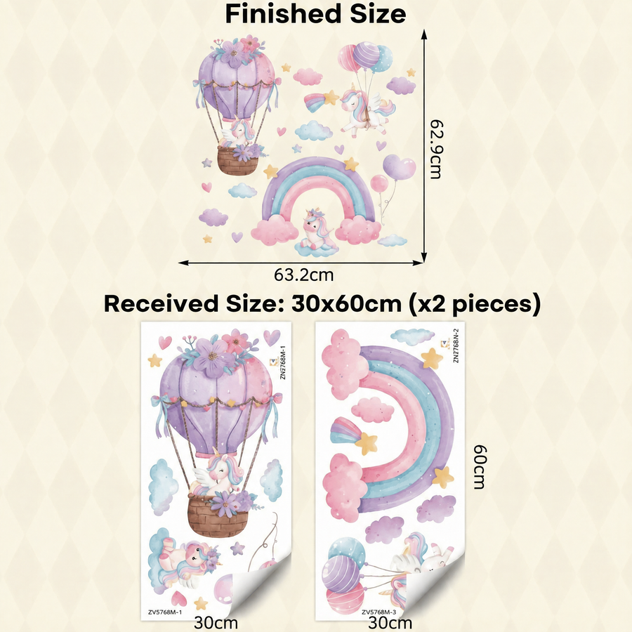 The sheet you receive compared with the design on the wall: Rainbow-Style Unicorn Wall Stickers