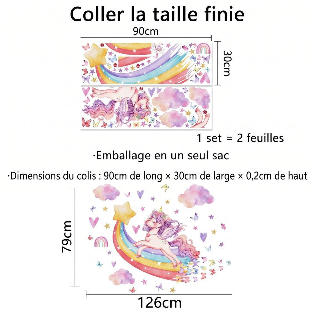 Stickers Muraux Licorne sur Arc-en-Ciel Chambre Fille