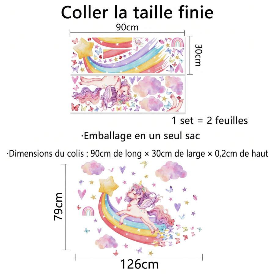 Comparaison entre la planche reçue et le motif posé : Stickers Muraux Licorne sur Arc-en-Ciel Chambre Fille