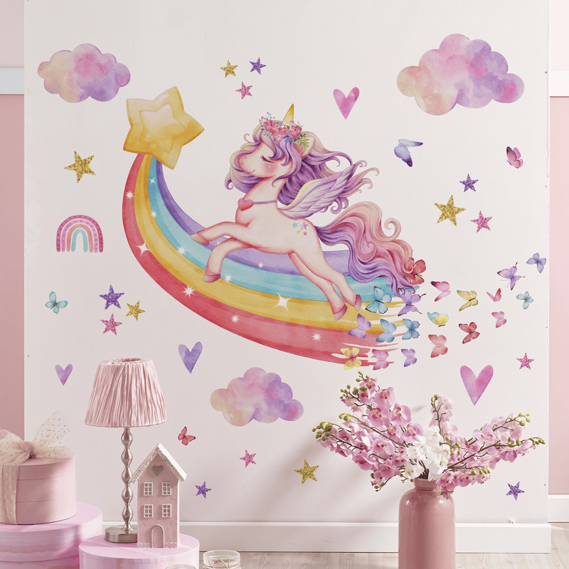 Stickers Muraux Licorne sur Arc-en-Ciel Chambre Fille