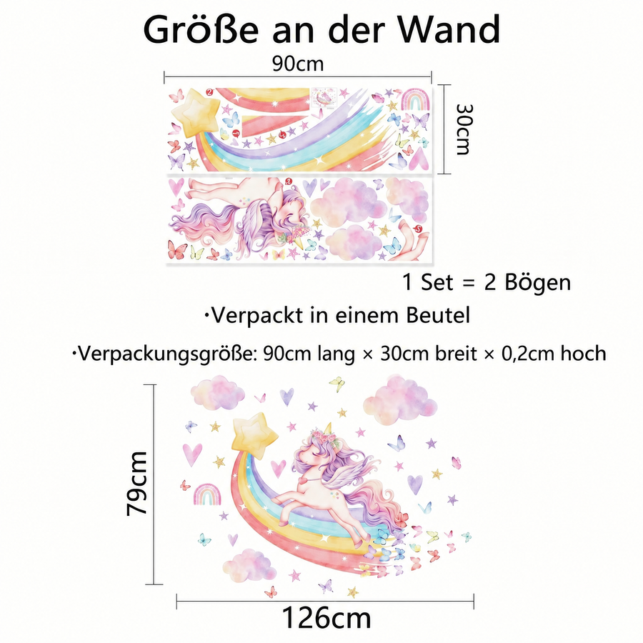 Der gelieferte Bogen im Vergleich zum Motiv an der Wand: Wandtattoo Einhorn auf dem Regenbogen fürs Mädchenzimmer